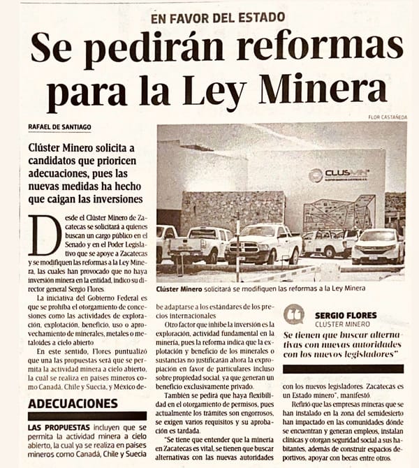 Clúster Minero de Zacatecas hace un llamado a los candidatos para priorizar la industria ante la caída de inversiones Zacatecas.
