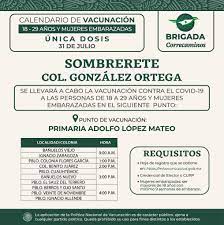 Calendario de vacunación Covid-19, 18 – 29 años, Sábado 31 de julio de 2021 Municipio de Sombrerete.