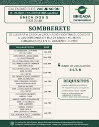 Calendario de vacunación Covid-19, 18 – 29 años, Viernes 30 de julio de 2021 Municipio de Sombrerete.