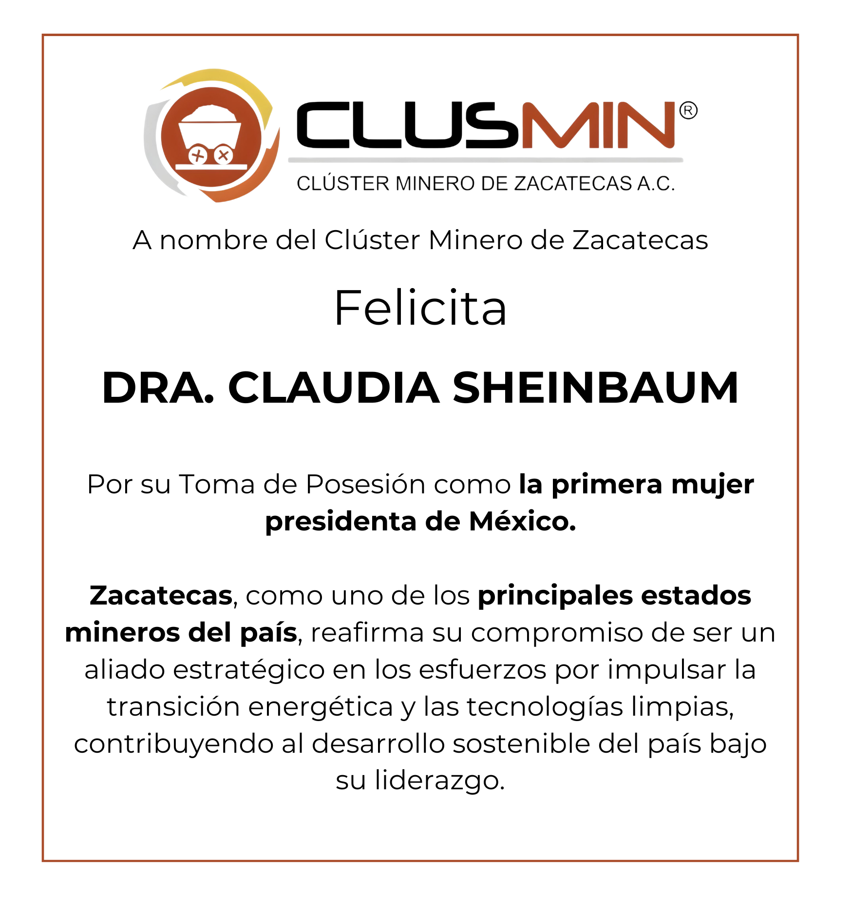 CLUSMIN felicita a la Dra. Claudia Sheinbaum por su toma de posesión como presidenta de México