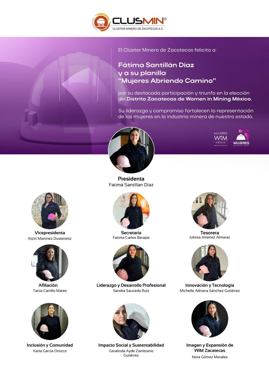 Fátima Santillán Díaz encabeza la planilla ganadora “Mujeres Abriendo Camino” en Women in Mining México, Distrito Zacatecas