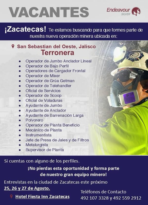 Endeavour Silver anuncia vacantes para su nueva operación minera en Terronera, Jalisco