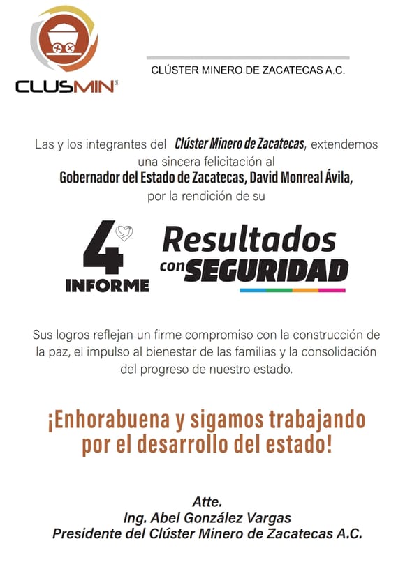 Clúster Minero de Zacatecas felicita al Gobernador por su 4º Informe