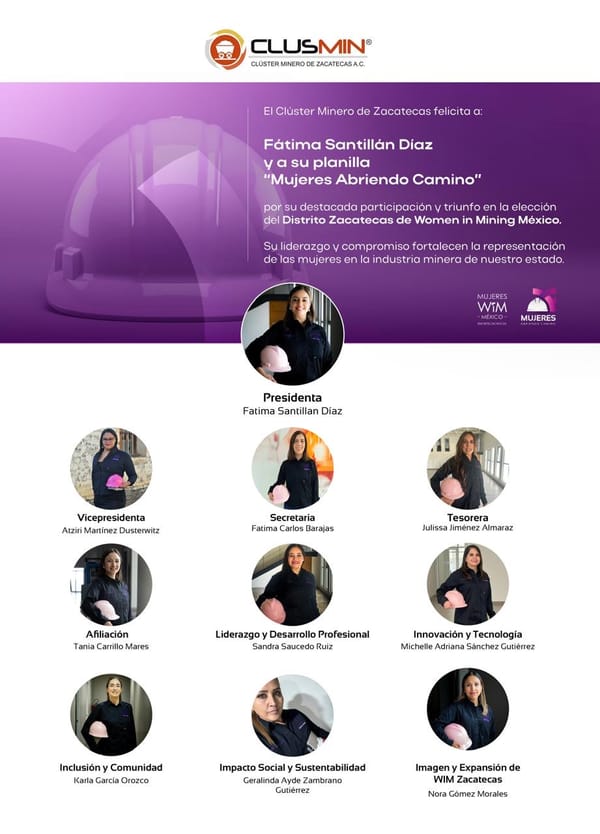 Fátima Santillán Díaz encabeza la planilla ganadora “Mujeres Abriendo Camino” en Women in Mining México, Distrito Zacatecas